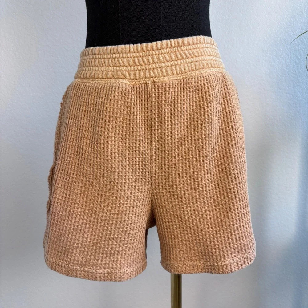 Aerie Womens XS Tan Waffle Knit Lounge Shorts High Waisted Thermal Smocked Waist